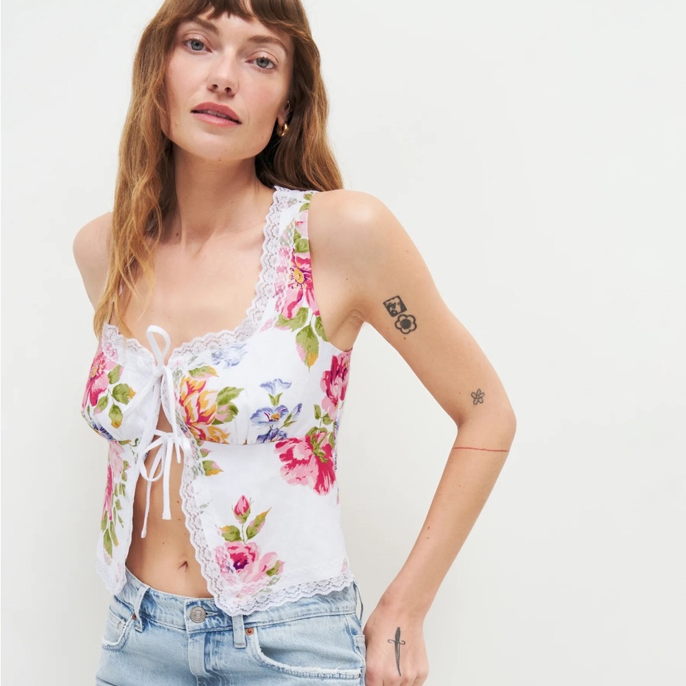 Reformation Floral Lace-Trimmed Top